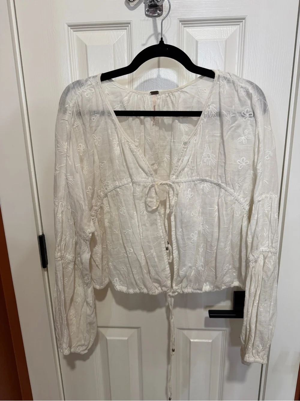 Free People Women's White Embroidered Tie-Front Boho Top